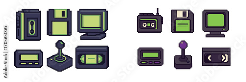 Pixelated collection of retro electronic devices and vintage media storage including floppy disks, joysticks, and cassette players