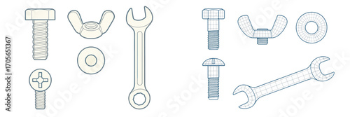 Collection of essential hardware components and mechanic tools: hex bolts, wing nuts, flat washers, and open-end wrenches