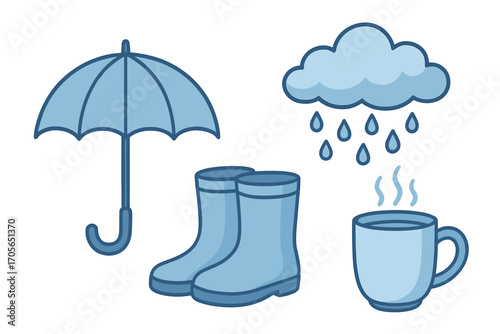 Rainy day essentials with umbrella, rubber boots, cloud with falling raindrops, and a warm steaming mug
