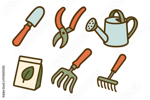 Collection of essential gardening tools including trowel, pruners, watering can, seed packet, hand fork, and rake