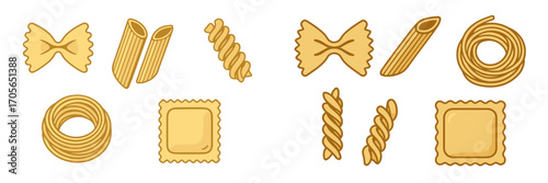 Assortment of classic Italian pasta shapes including farfalle, penne, fusilli, spaghetti, and ravioli