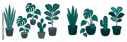 Diverse collection of green potted houseplants and succulents in a contemporary flat design style, perfect for modern home decor and indoor gardening themes