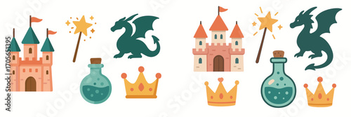 Enchanting fantasy fairy tale elements featuring majestic castles, mythical dragons, sparkling magic wands, mysterious potions, and royal crowns