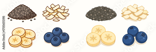 Healthy breakfast ingredients with chia seeds, coconut flakes, banana slices, and fresh blueberries arranged for a nutritious meal