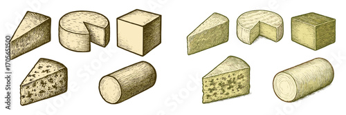 Diverse collection of vintage engraved cheese blocks, wheels, and wedges showcasing distinct textures and shapes, including blue cheese and aged varieties