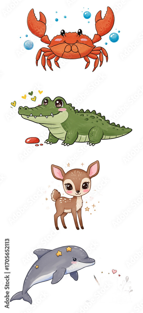 Fototapeta premium Cute Cartoon Animals Collection: Crab, Alligator, Deer, Dolphin png clear alpha channel cutout isolated on transparent background