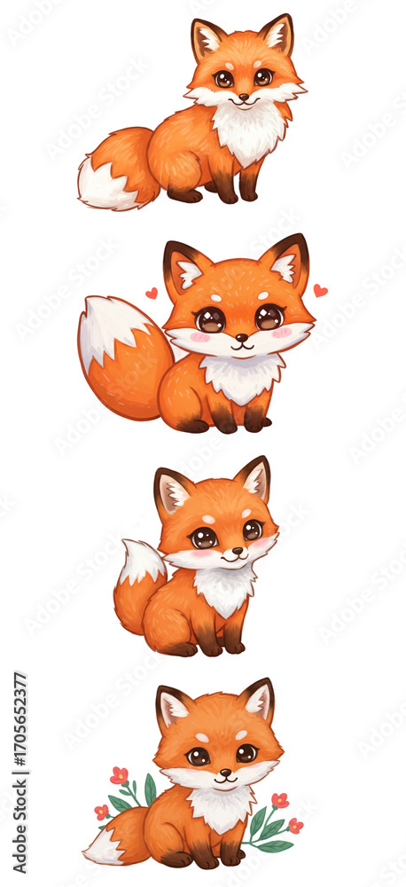 Obraz premium Cute Cartoon Fox Illustrations Set png clear alpha channel cutout isolated on transparent background