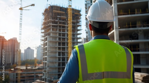 Construction worker overseeing high-rise building project in urban skyline engineering progress daylight professional perspective