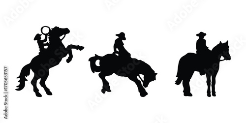 Cowboy and Horse Silhouette Vector Set. Rodeo and Western Style, Wild West Clipart. Cowboy Riding Horse and Rodeo Action