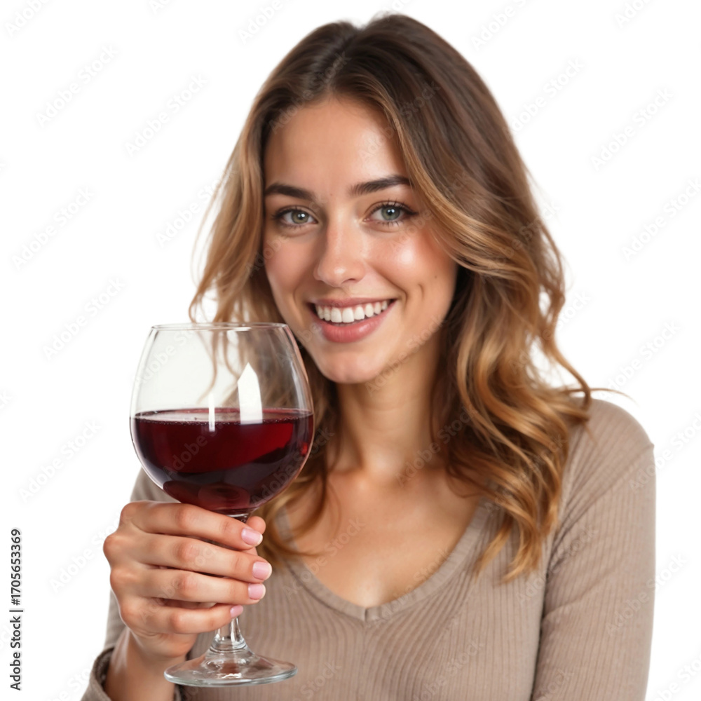 Smiling young woman holding red wine isolated on transparent background Smiling young woman holding red wine isolated on transparent background