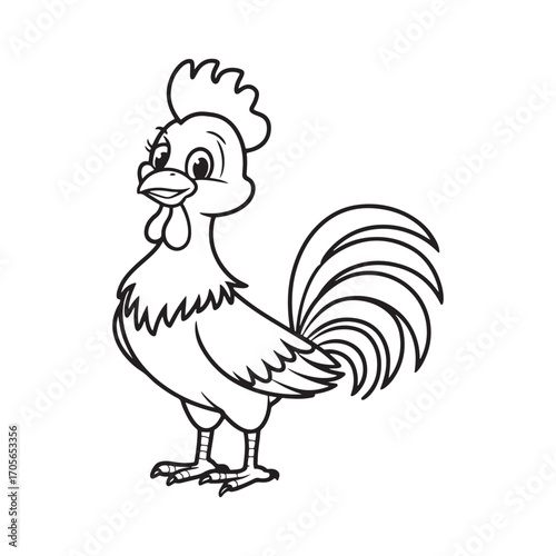Cute and Friendly Cartoon Rooster Character Coloring Page for Kids