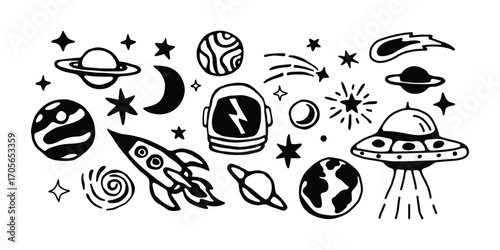 Space Icon Set. Rocket, Astronaut, Planets, and UFO. Cosmic Vector Collection. Stars, Planets, and Space Helmet