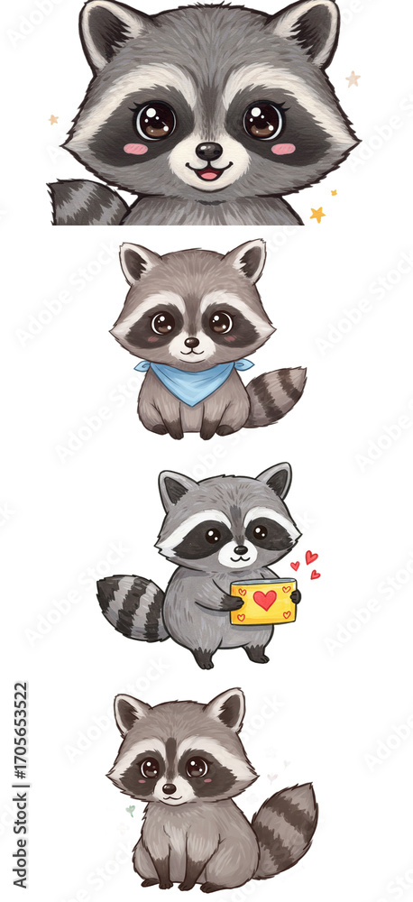 Fototapeta premium Cute Raccoon Illustrations Set: Waving, Bandana, Love Letter, Flowers png clear alpha channel cutout isolated on transparent background