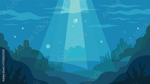 Tranquil underwater meadow sunlight rays gentle bubbles vibrant flora vector illustration