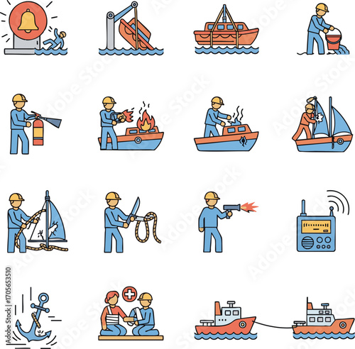 Maritime worker performs various safety and emergency procedures on a ship, ensuring safety and preparedness in a nautical environment.