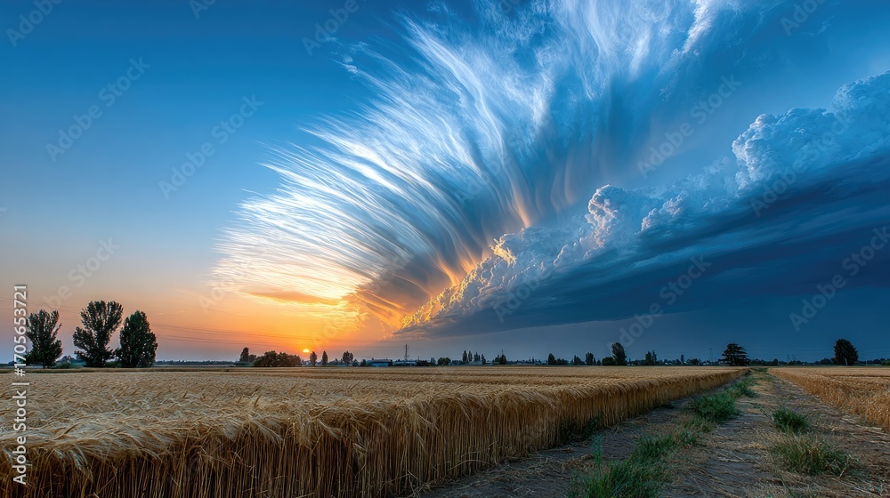 Obraz premium Dramatic sunset over wheat field with storm clouds