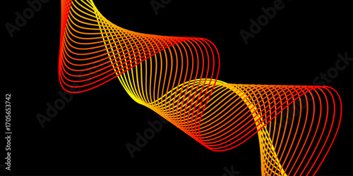 Red and Golden Spark Light Waves Gliding Across Black Backdrop with Glowing Flowing Trails for Modern Digital Artwork