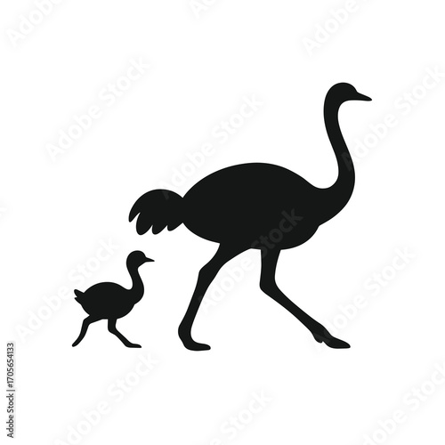 Ostrich with Chick Silhouette Mother and Baby Vector