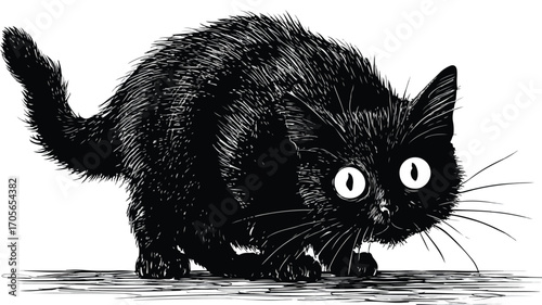 Scared Black Cat Vector with Outline Isolated on White Background