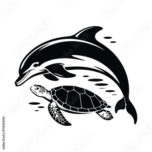 Black and White Illustration of Dolphin and Turtle Symbolizing Ocean Harmony and Marine Life