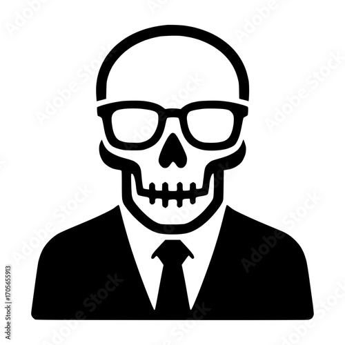 Business themed skeleton character with a suit and eyeglasses, humorous corporate theme, vector icon