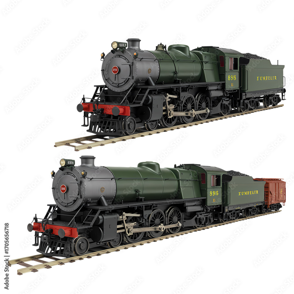 Fototapeta premium Model Train Set Two Detailed Steam Locomotives on Tracks on transparent background