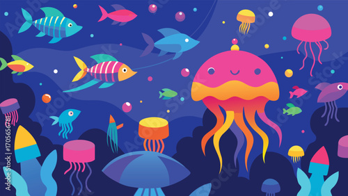 Vibrant underwater amusement park with cartoon sea creatures and colorful attractions