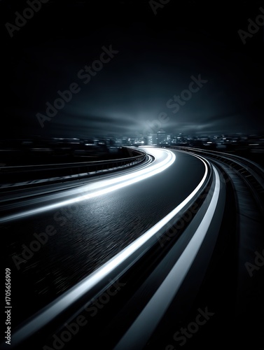 A dynamic nighttime scene captures illuminated vehicle trails on a winding road, conveying speed and movement, This image is ideal for travel blogs, automotive promotions, and urban lifestyle visuals