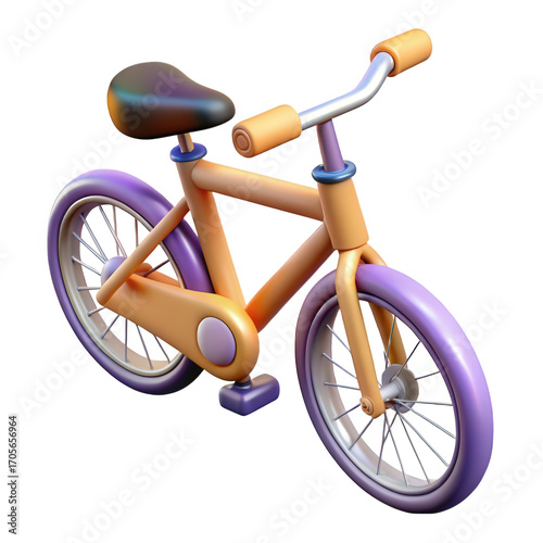 A charming 3d rendered cartoon bicycle with orange frame and purple wheels isolated on transparent background
