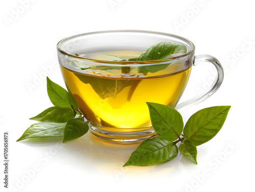A transparent teacup filled with golden tea, accompanied by fresh green leaves, detailed reflections, isolated on white background.
