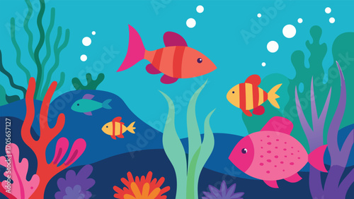 Vibrant underwater coral reef scene with schools of colorful cartoon fish and marine life