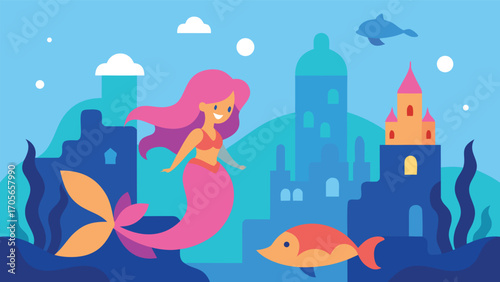 Vibrant underwater marketplace with colorful fish and aquatic stalls illustration vector scalable