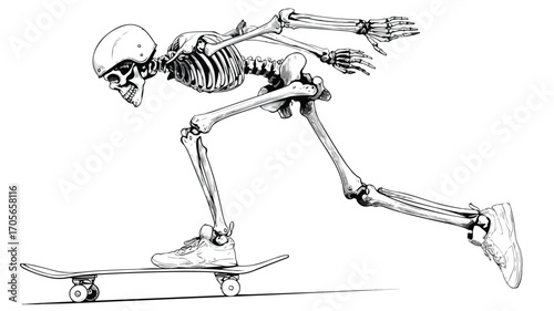Skeleton Skater Vector with Outline Isolated on White Background