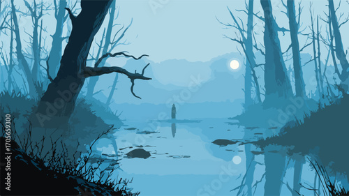 Moonlit Lake Surrounded by Dense Tangled Forest at Night