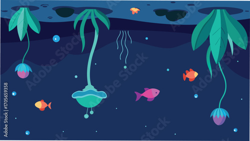 Whimsical underwater carnival scene with colorful fish and circus tent illustrations