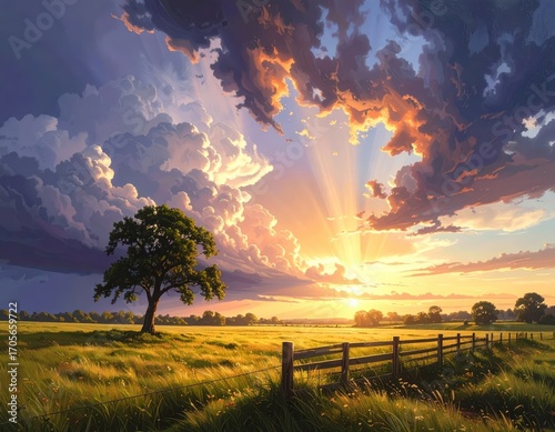 A serene, golden sunset paints a tranquil, grassy field with a solitary tree and a wooden fence, bathed in the warm glow of the setting sun and dramatic clouds.
