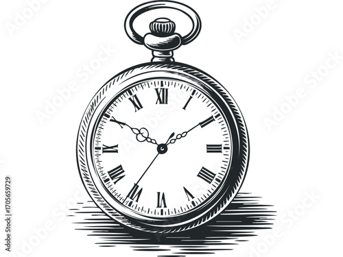 Vintage pocket watch with Roman numerals on transparent. Vector hand drawn illustration
