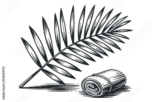 Palm frond and rolled item in woodcut style. Vector hand drawn illustration