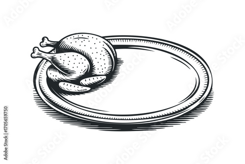 Roast chicken on oval platter isolated on white. Vector hand drawn illustration
