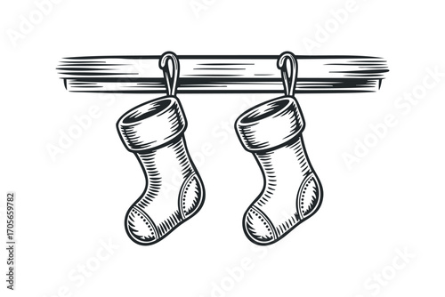Two Christmas stockings hanging from a wooden shelf graphic. Vector hand drawn illustration