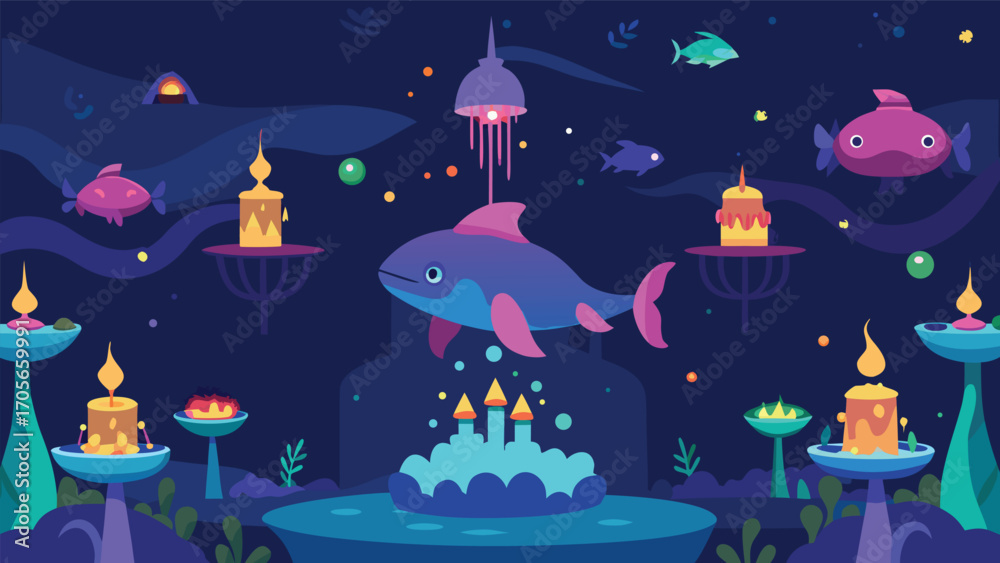 Naklejka premium Whimsical underwater forest with tall glowing bioluminescent flora and fauna