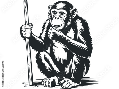 Primate holding wooden stick on transparent background. Vector hand drawn illustration