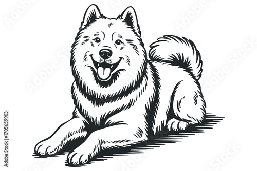 Happy dog lying down on transparent background. Vector hand drawn illustration
