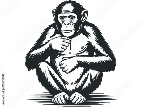 Chimpanzee sitting on transparent background. Vector hand drawn illustration