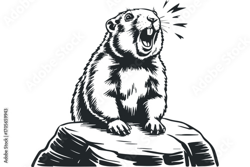 Groundhog animal sitting on rock loudly vocalizing. Vector hand drawn illustration