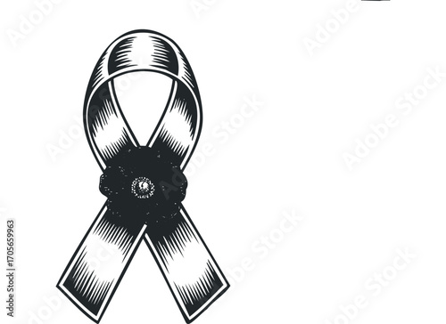 Black awareness ribbon with textured poppy flower. Vector hand drawn illustration