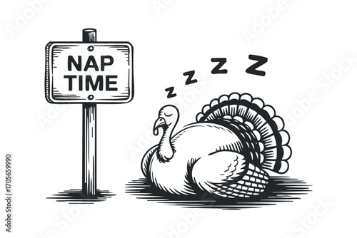Sleeping turkey beside nap time sign. Vector hand drawn illustration