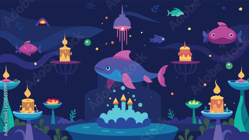 Whimsical underwater forest with tall glowing bioluminescent flora and fauna