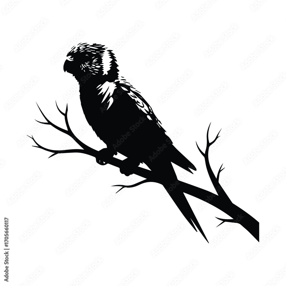 Fototapeta premium Vibrant lorikeet perched on branch under sunbeams in vector art style colorful illustration