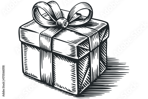 Gift box with ribbon on transparent background. Vector hand drawn illustration